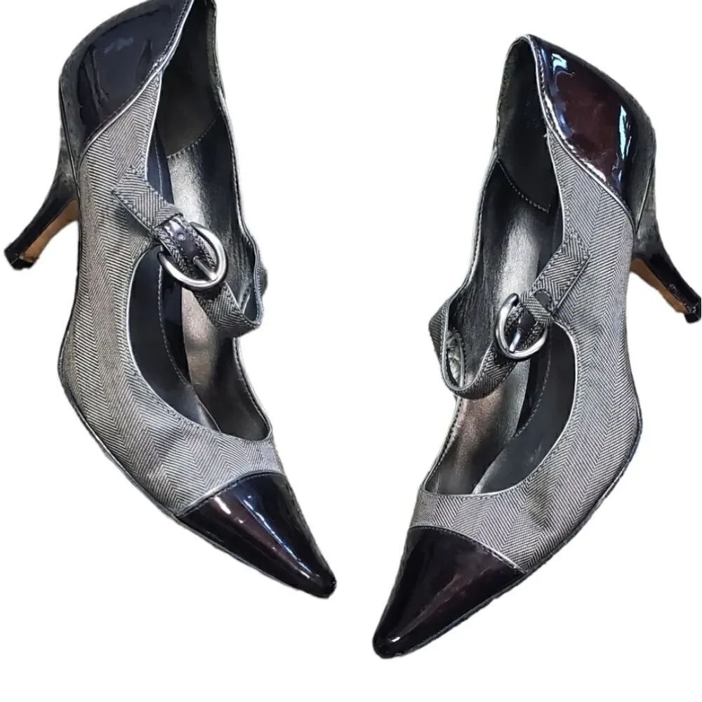 Joan & David Gray & Black Patent Leather Mary Jane Heels
